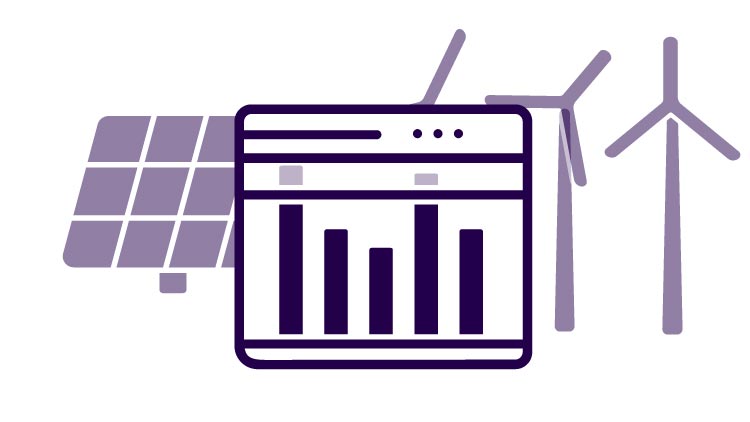 Solarmodul und drei Windkrafträder. Davor Display mit Skala.