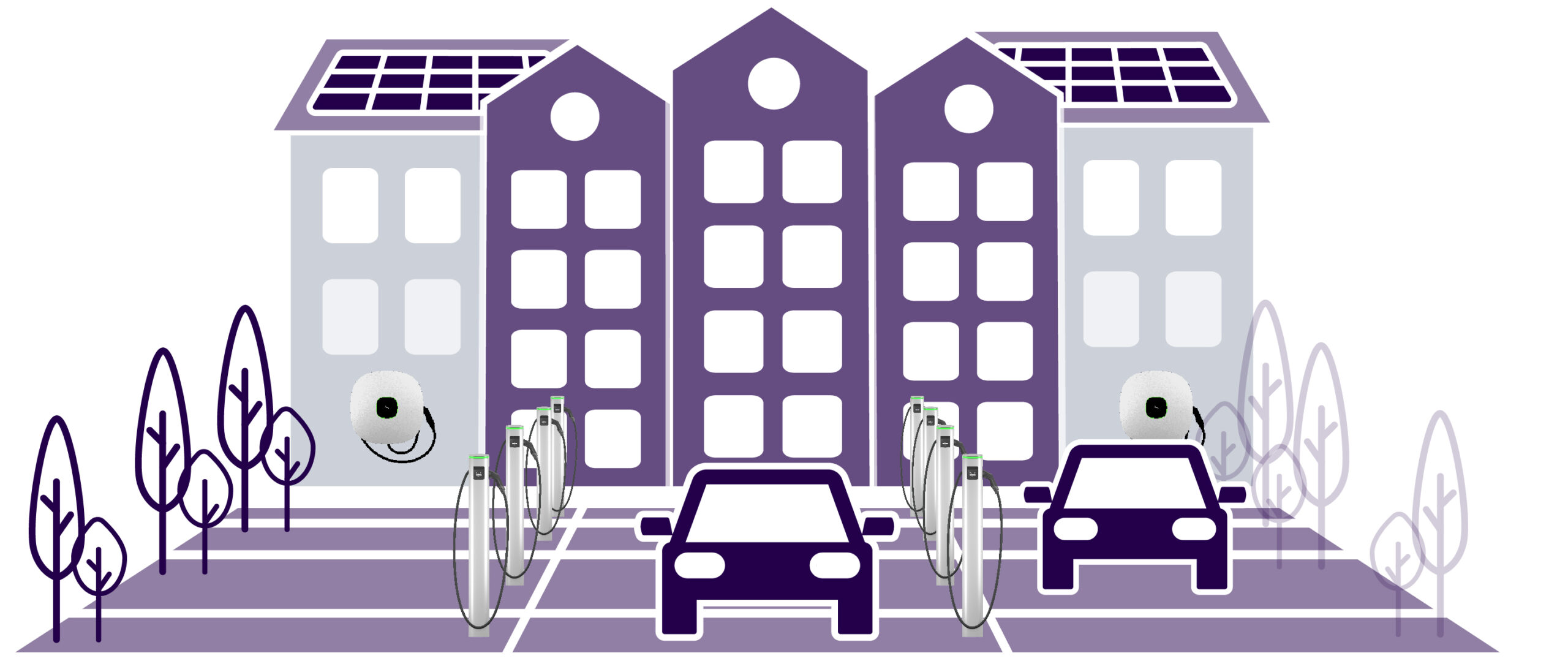 Zwei Elektroautos mit mehreren Ladesäulen und Wallboxen vor Mehrfamilienhaus.