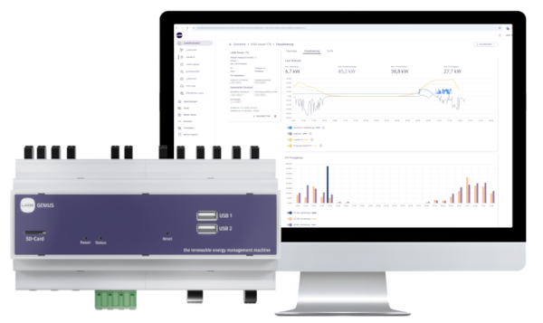 LADEgenius Energiemanager und Bildschirm mit LADEportal Energiemanagement